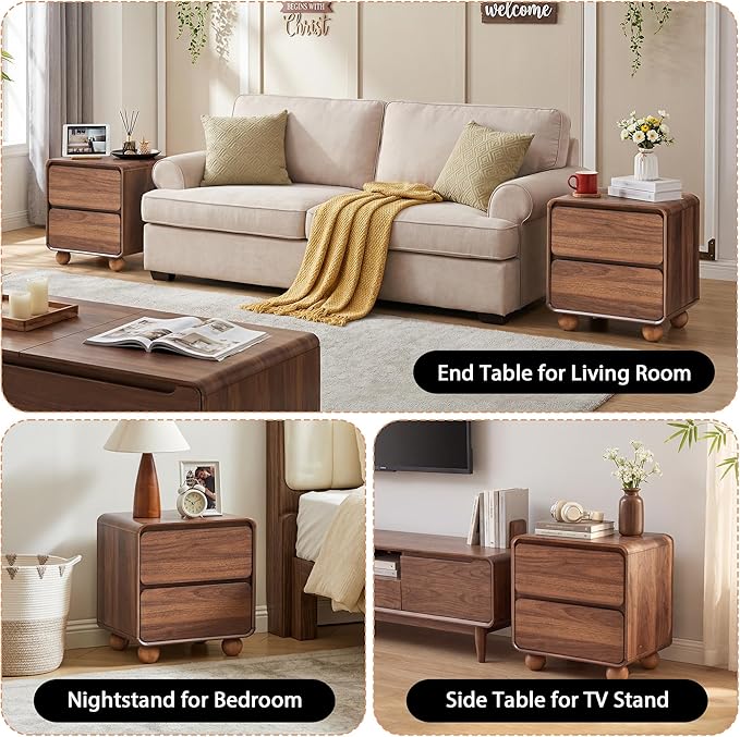 AVZEAR Modern 2 Drawer Dresser, 2 Drawer Nightstand Small Wooden Dresser Chest of Drawers, Handle Free & Curved Profile Design Sofa End Table for Living Room, Nursery, Walnut