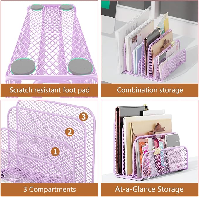 gianotter Mail Organizer Countertop, Metal File Holder with 3-Slot, Purple Desk Accessories & Workspace Organizers (Purple)