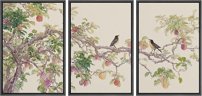 wall26 Framed Print Wall Art Set Watercolor Fruit Tree Branch with Birds Botanical Decorative Minimal Relax/Zen for Living Room, Bedroom, Office - 24"x36"x3 BLACK