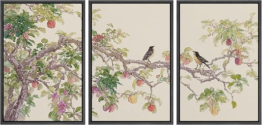 wall26 Framed Print Wall Art Set Watercolor Fruit Tree Branch with Birds Botanical Decorative Minimal Relax/Zen for Living Room, Bedroom, Office - 24"x36"x3 BLACK