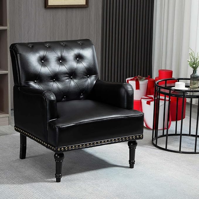 MOJAY Faux Leather Accent Chair Set of 2, Mid-Century Modern Living Room Chair Lounge Study Sofa Chair with Sturdy Wood Legs, Club Chair Armchair for Bedroom Home Study Reception (Black)