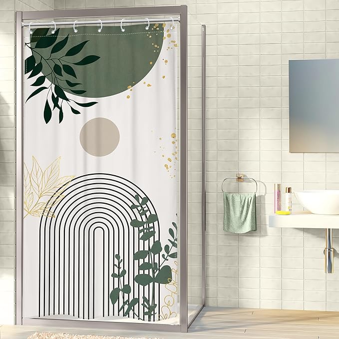 Riyidecor Small Stall Sage Green Boho Mid Century Shower Curtain for Bathroom Decor 36Wx72H Modern Abstract Gold Leaves Minimalist Geometric Art Printed Fabric Polyester Waterproof 7 Pack Plastic Hook