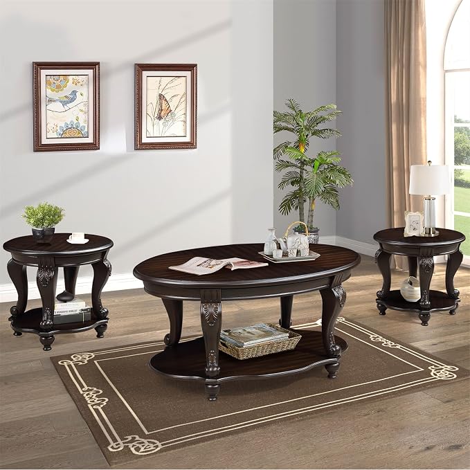 22'' Round End Table Solid Wood Sofa Side Table with Storage Shelf, Living Room Corner Table Retro Accent Table with Espresso Finish, Easy Assemble Round Bedside Table Night Stand for Small Space