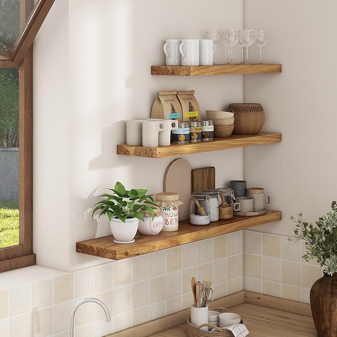 Axeman Rustic Elm Wood Floating Shelves for Wall, 48'' x 8" Deep Wall Shelf with Invisible Bracket, Large Long Wall Mounted Storage Shelves for Living Room, Bedroom, Kitchen, Bathroom Decor, Natural
