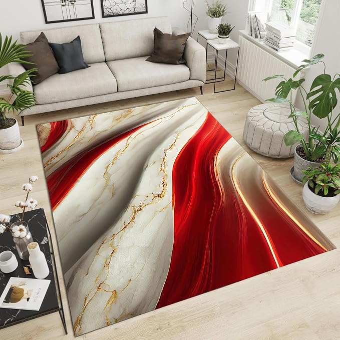 Marble Gilt Texture Red Area Rug, Luxury Marble Non Slip Throw Rug, Machine Washable Durable Carpet for Indoor Bedroom Living Room Office Decor Rug - 6 ft x 8 ft
