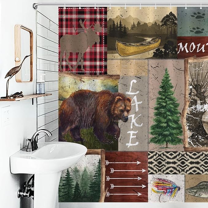 Retro Rustic Bear Shower Curtains, Vintage Deer Farmhouse Forest Cabin Lodge Woodland Adventure Cottage Country Waterproof Shower Curtains for Bathroom Decor 12 Pack Hooks 66x72in（168x183cm）