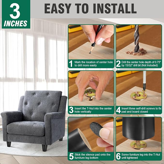 FoDau770 Black Rubber Wood Furniture Legs 3 Inches, Straight Tapered Wood Feet Mid Century Sofa Legs Set of 4, 5/16" UNC Furniture Feet for Cabinet Couch Dresser Chair Ottoman Table