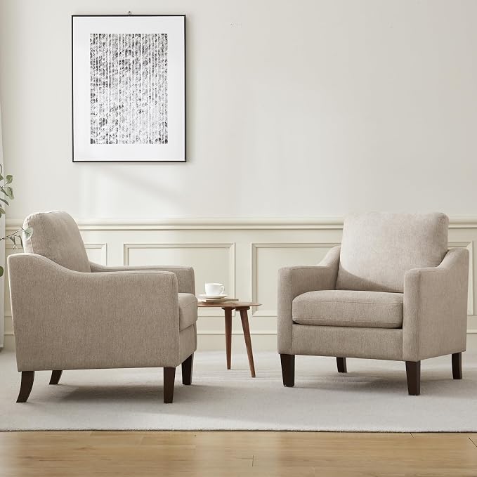 VKNOW Mid Century Modern Accent Chair, Upholstered Living Room Chairs Armchair for Bedroom, Comfy Reading Accent Chairs with Wood Legs for Living Room (2, Brown)