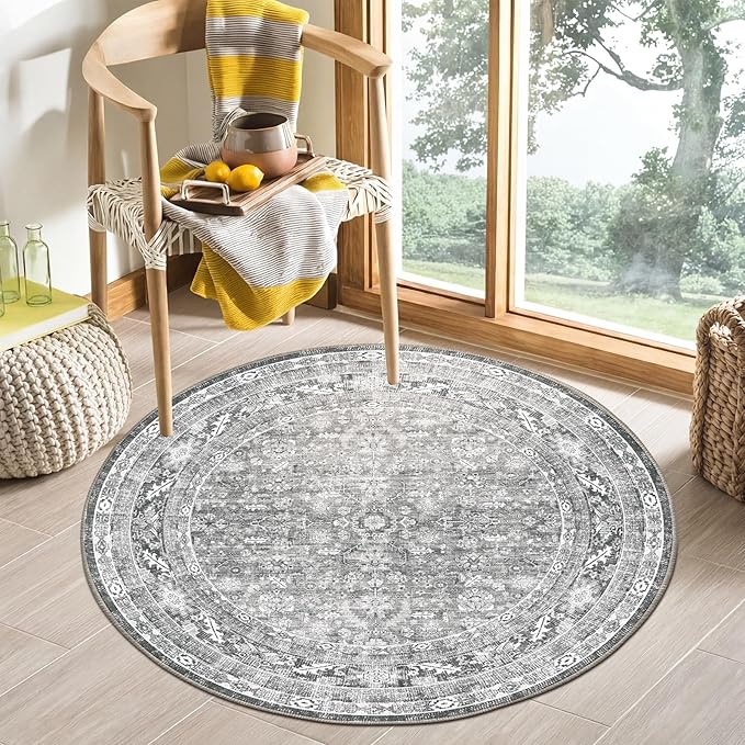 OPPODREAM Vintage Grey Round Rug 3ft, 3 ft Retro Washable Circle Rug Non Slip, Low-Pile Faux Wool Circular Carpet, Distressed Gray Floor Mat for Living Room, Bedroom, Office, Dorm, Dinning Room