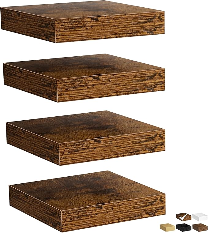 Fun Memories Floating Shelves for Wall, Rustic Wood Wall Mounted Shelves for Bathroom, Bedroom, Living Room and Kitchen, Storage & Home Decor (Set of 4, Brown, 8 in)
