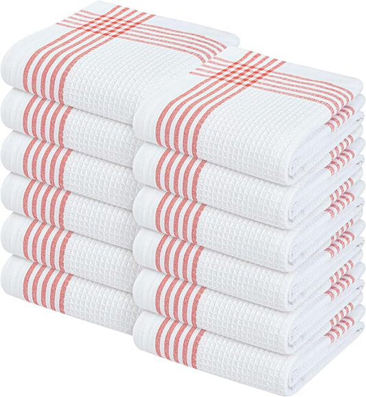 Waffle White & Red Kitchen Dish Towels, Set of 12, 100% Cotton 16x26 inches, Absorbent Tea Towel, Multi-Purpose Hand Cleaning Towel, Strong and Reusable Dish Cloths for Drying Dishes