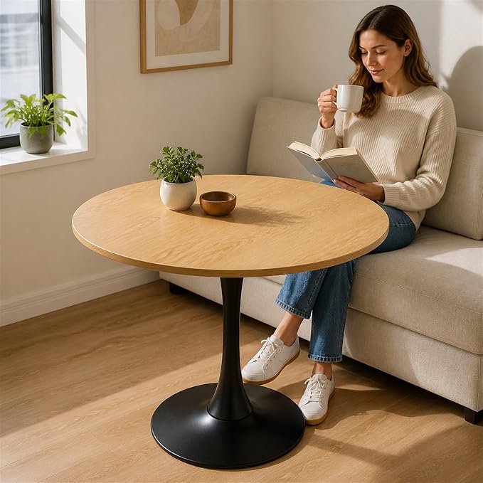 Modern 31.5" Round Tulip Dining Table Natural Wood Look Mid Century Pedestal Table for 2–4 Small Kitchen Table Apartment Breakfast Nook Compact Dining Room(No Chairs)
