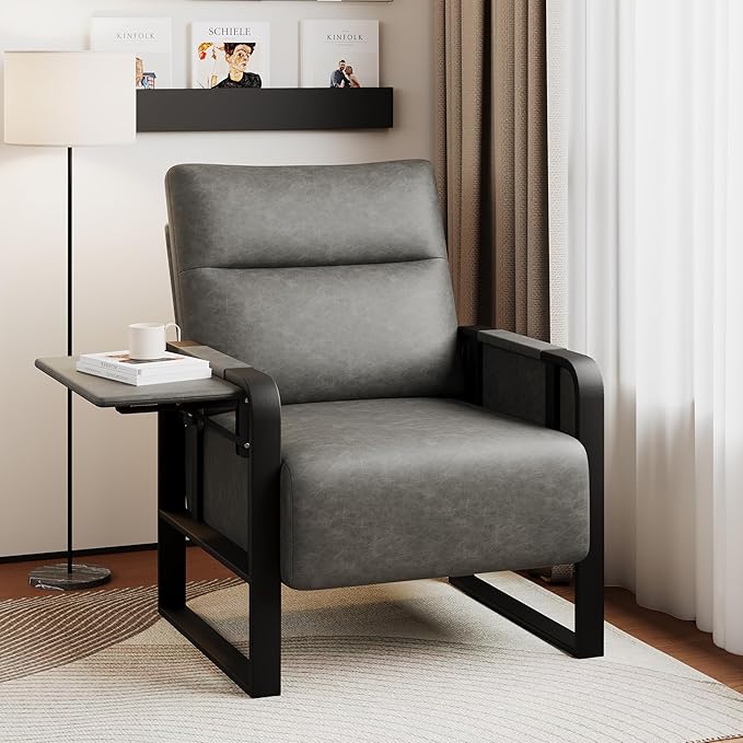 Upholstered Living Room Chair Armchair Set of 2, Mid Century Faux Leather Metal Accent Chair, Reception Couch Office Guest Chair Slipper Club Lounge Single Sofa with Sidetable for Bedroom-Grey
