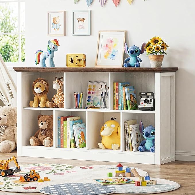 Unikito 7 Cube Storage Book Shelf - 47" Wide Wood Cube Storage Organizer, Wooden 2 Tiers Floor Standing Low Bookcase for Living Room, Bedroom, Home Office, Kids Room, Rustic White and Brown