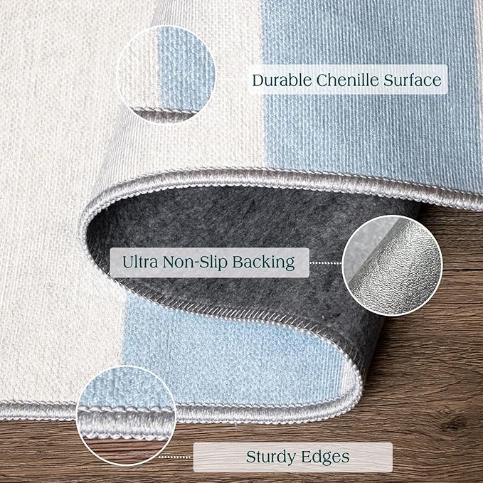 3x5 Entry Rug - Small Washable Indoor Outdoor Mats for Front Door Non-Slip Porch Rug Summer Blue White Coastal Striped Throw Rugs for Bedroom Entryway Kitchen Office Mudroom Front Porch Decor