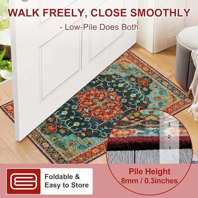 WILLSUN Washable Area Rugs, 5x7 Non-Slip Boho Large Area Rugs for Living Room, Bedroom, Machine Washable Vintage Rug, Indoor Floral Print Carpet for Home Decor, Kid & Pet Friendly Mat