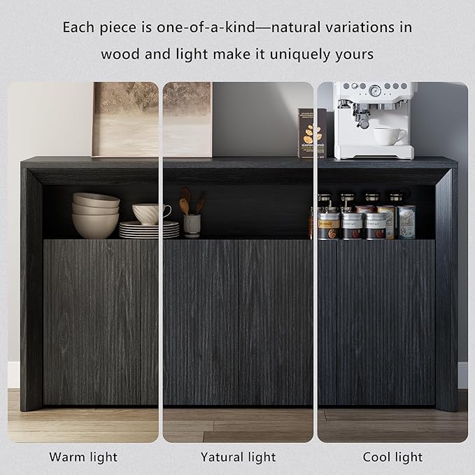 66.2" Buffet Cabinet with Storage and led Lights,Modern Sideboard Cabinet with 4 Doors & Shelves,Fluted Media Console Mid Century Coffee Bar Table for Living Room Kitchen Dining Room Hallway,Dark Grey