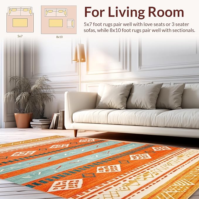 Flatwoven High Traffic Area Rug 6x9, Boho Abstract, Non Slip, Stain Resistant, Washable Area Rugs for Living Room, Bedroom (Orange, 6x9)