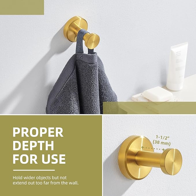 Angle Simple Robe and Towel Hook, SUS304 Stainless Steel Bathroom Robe Hook, Small Towel Hanger for Wall or Cabinet, Brushed Dark Gold