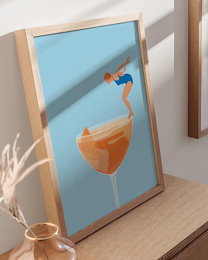 HAUS AND HUES Preppy Bar Wall Decor - Blue and Orange Bar Cart Decor, Colorful Bar Wall Art Print, Vintage Cocktail Poster, Alcohol Art Decorations Aperol Spritz (Beige Frame, 12x16)