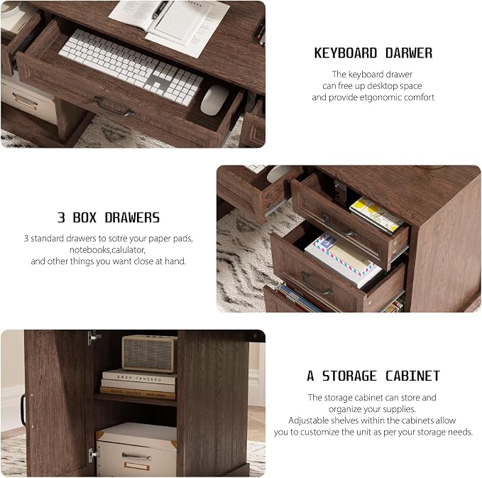 CARPETNAL 58'' Farmhouse Executive Desk with Drawers, Home Office Desk with File Drawer and Storage Cabinet, Rustic Computer Desk for Working, Studying, Writing, Brown