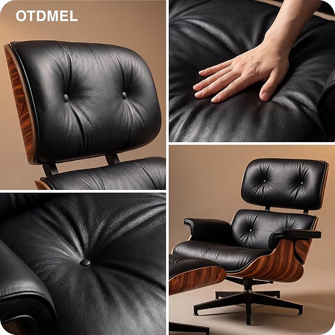 Luxury Top Black Grain Leather Mid Century Chaise Lounge Chair with Ottoman, Premium Handcrafted Rosewood, Ergonomic Modern Accent Chair for Living Room Office