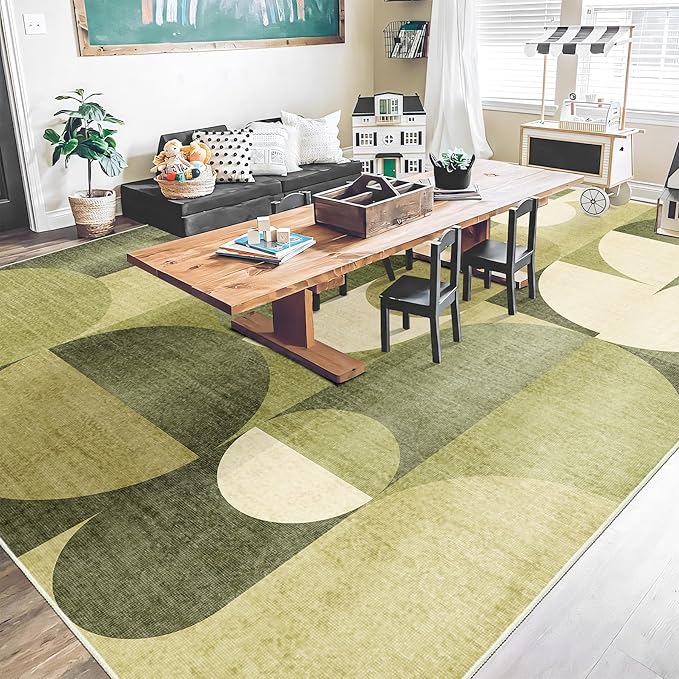 Large Green Area Rugs 9x12 Washable Rug for Living Room Bedroom Dining Room,Modern Geometric Non Slip Carpet
