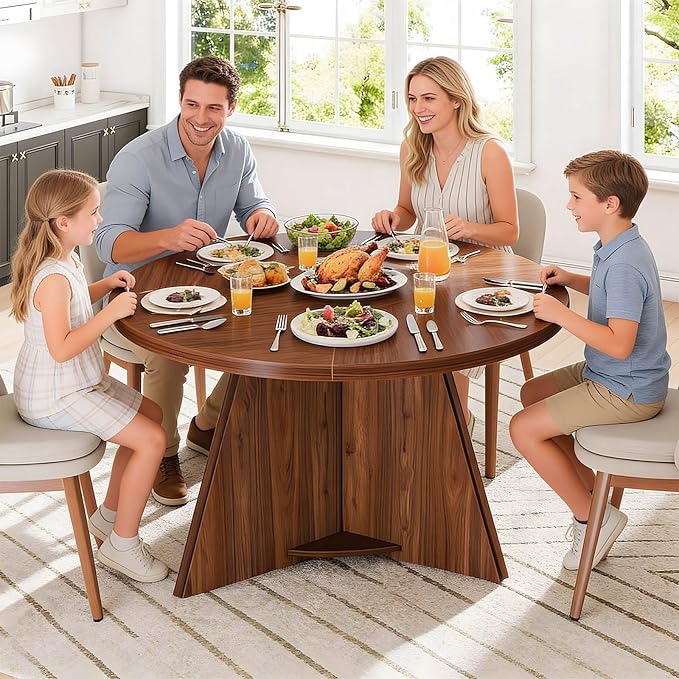 LVB Round Dining Table for 4-6, Mid Century Modern Walnut Circle Dinner Table, Brown Wood Pedestal Kitchen Table with Wooden Base for Dining Room, Kitchen, Living Room, 43 inch