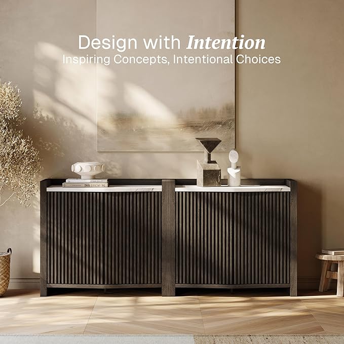 BELLEZE Set of 4 Modular Sideboard Buffet Cabinet with Storage,140 Inch Modern Credenza with Adjustable Shelves, Fluted Black Console Table with Faux Marble Panel for Kitchen, Entryway, Dining Room