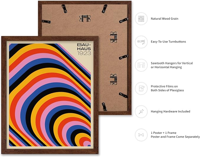 Poster Master Bauhaus Poster - Psychedelic Stripes Print - Abstract Art - Geometric Art - Graphic Design Art - Chic Boho Art - Mid Century Modern Art - Living Room Wall Decor - 16x20 Brown Framed