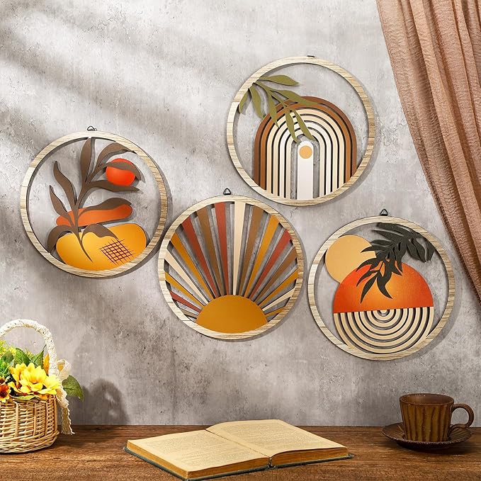 Qunclay 4 Pcs Boho Wall Art Bohemian Wooden Round Circle Wall Decor Hollow out Hanging Farmhouse Aesthetic for Bedroom Living Room Bathroom Bedroom Bathroom Patio Apartment Gift 10 Inch(Stylish)