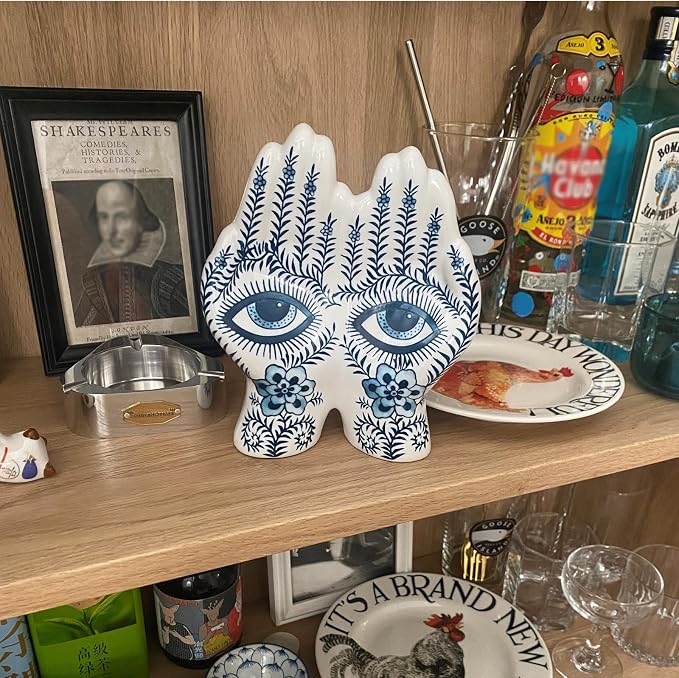 Blue Eye Hand Ceramic Sculpture, Modern Abstract Art Decor Figurine, Hand Shaped Blue Floral Ornament for Living Room, Bookshelf, Office, Home Decor,Decoration Gift