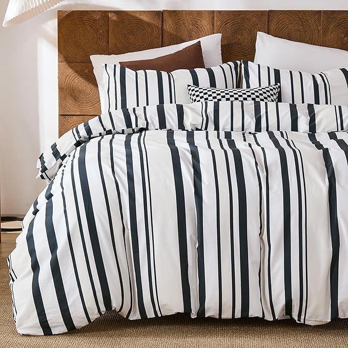 Merryword Black and White Striped Duvet Cover Set Queen Size - 100% Cotton Duvet Cover Set with Vertical Stripe Design, Soft Breathable Comforter Cover for All Seasons