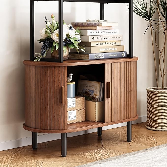 ONBRILL 71" Tall Bookshelf, 4-Tier Book Shelf with Storage Cabinet, Modern Bookcase with Sliding Door and Adjustable Footpad, Freestanding Storage Organizer Bookshelf for Living Room, Bedroom, Walnut