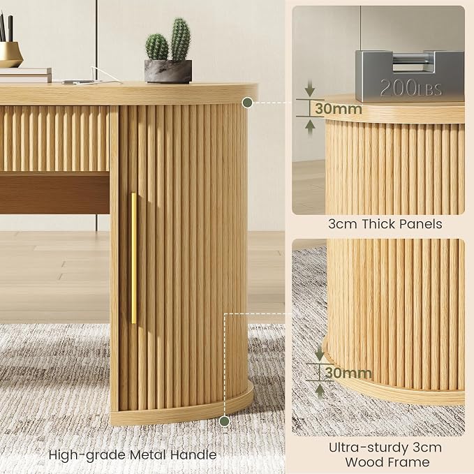 SEDETA Office Desk with 2 Drawers, 58.3" x 21.7" Fluted Computer Desk with 2 Sliding Doors Storage and Power Strip, Wood Executive Desk for Home Office, Light Oak
