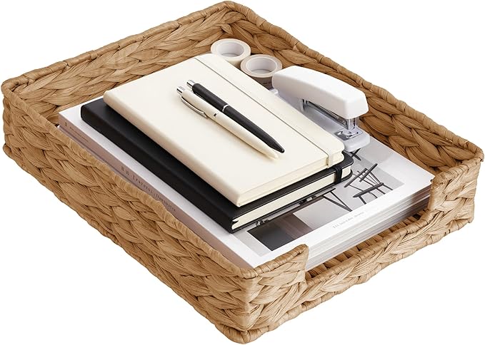 Letter Tray Water Hyacinth,Wicker Desk Organizer for Office Supplies, Mail, A4 Paper File, Magazine,Jewelry Cosmetics, Paper Holder Storage Basket for Office, School, and Workspace
