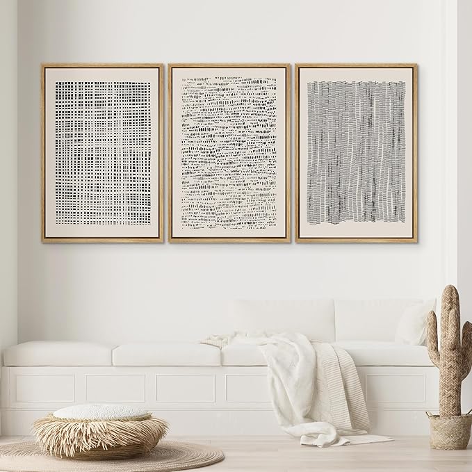 SIGNWIN Framed Canvas Print Wall Art Set Geometric Dark Black Grid Wave Pattern Abstract Shapes Cozy Neutral Modern Art Decorative Contemporary for Living Room, Bedroom, Office - 24"x36"x3 Natural