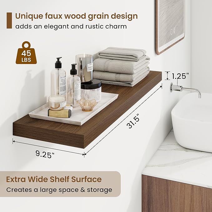 32in Floating Shelves for Wall, 32"W x 9.25"D x 1.25"H, 2 Pack Long Wall Mounted Engineered Wood Shelves with Invisible Brackets for Living Room, Bedroom, Bathroom, Kitchen Decor and Storage, Walnut