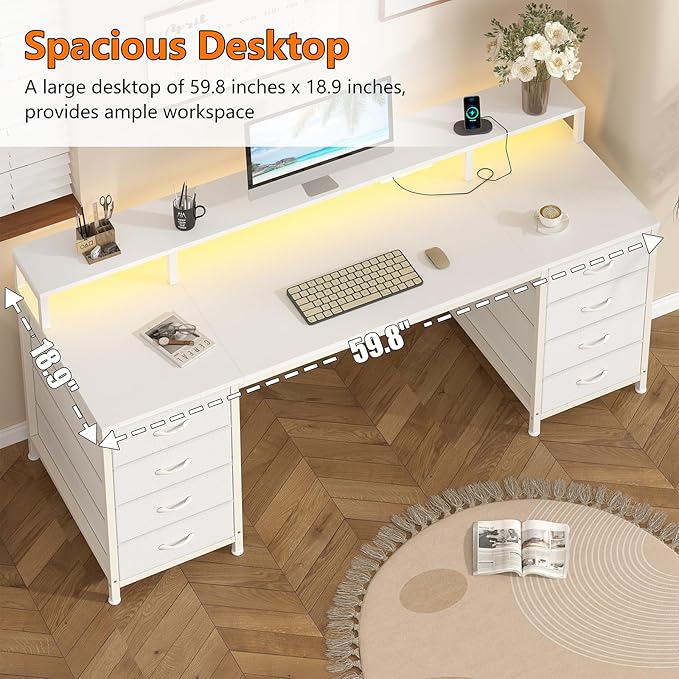 YOMILUVE 60 Inch Computer Desk with 8 Fabric Drawers, Gaming Desk with LED Lights & Power Outlets, Home Office Desk with Monitor Stand, White