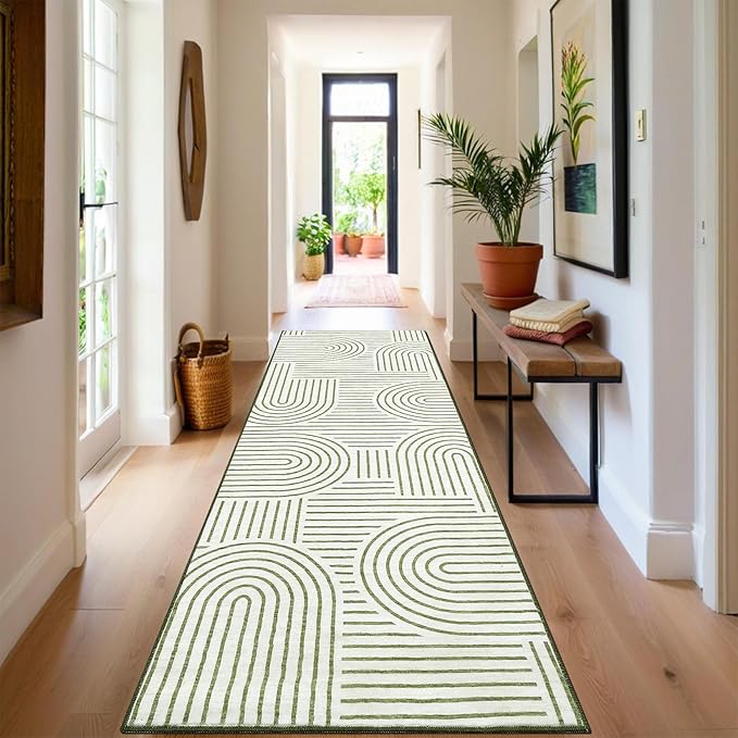 Modern Rug 2.5x10 Runners for Hallways, Abstract Kitchen Runner Rugs Non Slip Bath Runner, Rainbow Washable Rug for Bedroom, Soft Long Rugs for Entryway Bathroom Laundry Dorm, Green
