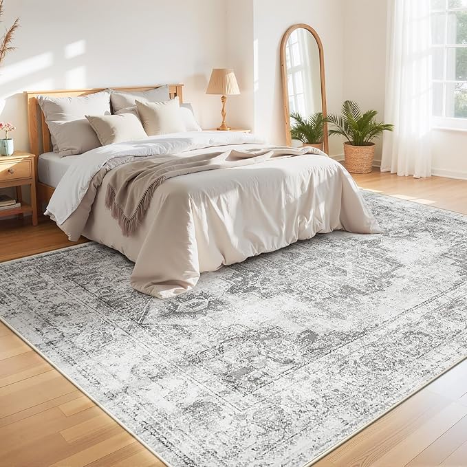 Area Rug 9x12 Vintage Rugs: Large Washable Indoor Medallion Rug Low Pile Distressed Floor Carpet Retro Accent Rugs for Living Room Bedroom Kitchen Dining Table Home Office(Grey, 9'x12')