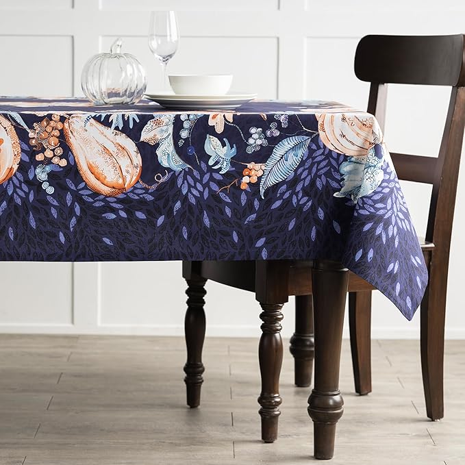 Maison d' Hermine Table Cloth Rectangle Table 100% Cotton 60 x 90 Inches Fall Tablecloth Reusable Everyday Use for Thanksgiving Christmas Decorations Dining Farmhouse Party (Pumpkin Blues)