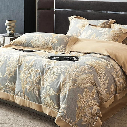100% Cotton Duvet Cover Queen Size Set - Luxury Botanical Patterned, Soft Breathable & Skin-Friendly Comfort for All Season, Includes 1 Duvet Cover 90"x90" + 2 Pillowcases