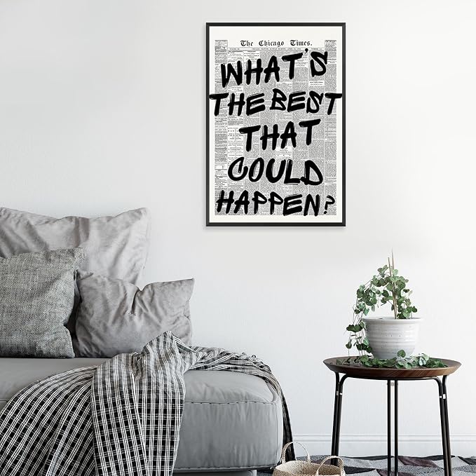 Retro Black And White Newspaper Poster Whats The Best That Could Happen Canvas Wall Art Positive Affirming Quote Minimalist Prints Painting For Home Bedroom Dorm Wall Decor 16x24in Framed