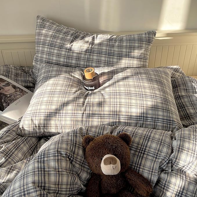 mixinni Twin XL Duvet Cover Set - 3 Piece Vintage Buffalo Plaid Bedding, 100% Washed Cotton Duvet Cover with 2 Pillowcases, Soft & Breathable Navy Beige White Geometric Grid Pattern for All Seasons