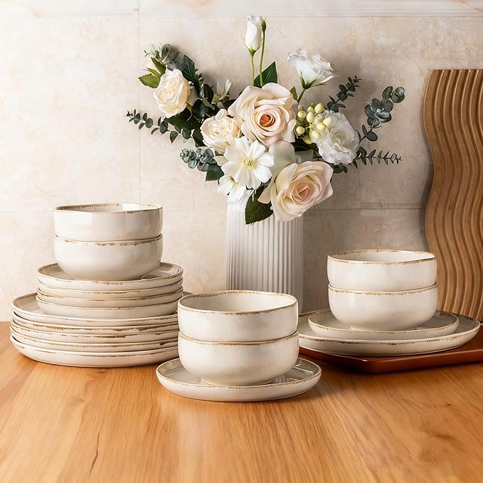 AmorArc Ceramic Dinnerware Sets, Wavy Rim Stoneware Plates and Bowls Sets, Highly Scratch Resistant | Dishwasher & Microwave Dishes set, Service for 8 (24pc)-Speckled Cappuccino