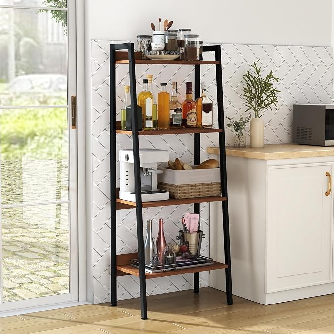 Ladder Shelf, 4 Tier Ladder Shelf, 22” Wide Tower Storage Shelf for Books, Anti Tip Feature, Steel Frame, Perfect for Bookshelf, Plants, Kitchen, Living Room, Office, Walnut