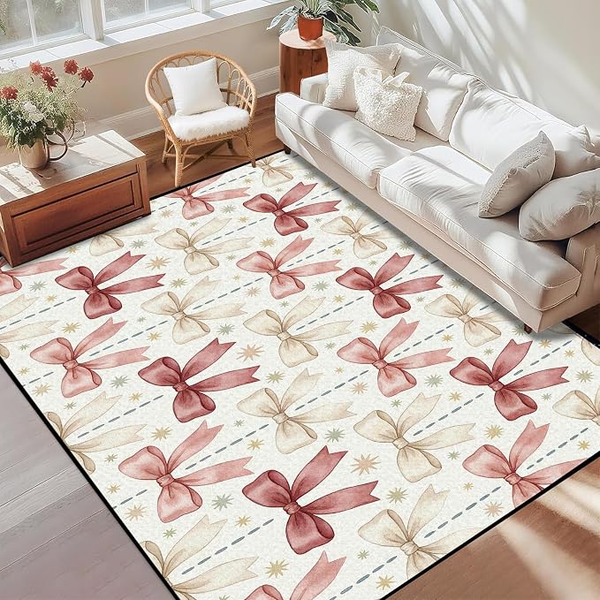 Pink Bowknot Area Rug 5'x7' Watercolor Coquette Aesthetic Non-Slip Washable Carpet for Bedroom Living Room Nursery Kitchen Playroom Home Decor Soft Low Pile Floor Mat