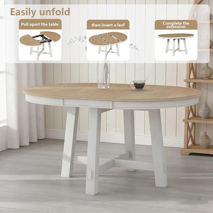 Bellemave 42"-58" Extendable Dining Table for 4-6, Solid Wood Oval Dining Kitchen Table with Removable Leaf, Farmhouse Circle Desk for Kitchen Living Room Space Saving (Natural+White)