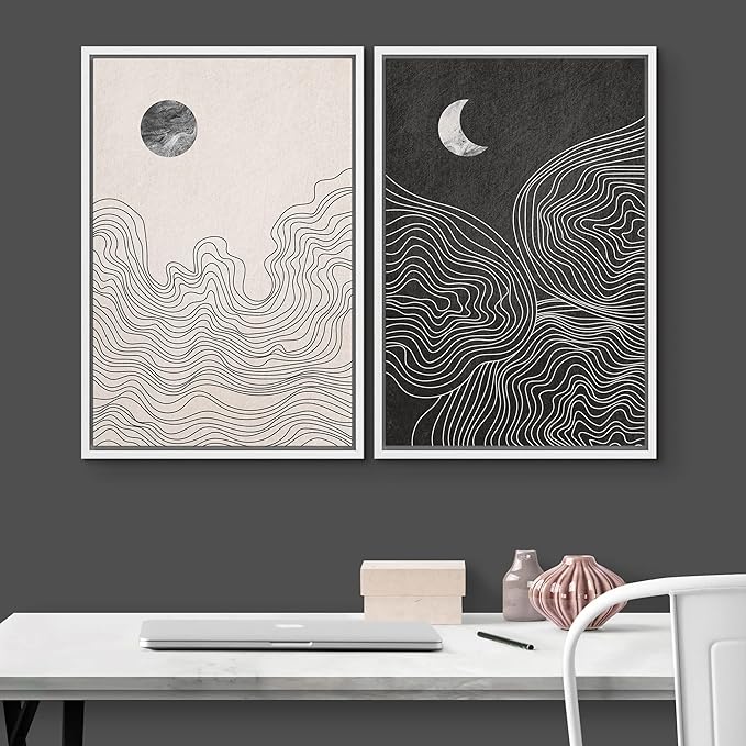IDEA4WALL Framed Canvas Print Wall Art Set Watercolor Pastel Duotone Sun Moon Abstract Nature Illustrations Modern Art Chic Landscape Neon for Living Room, Bedroom, Office - 16"x24"x2 White